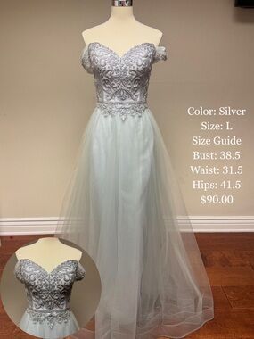 Silver Off-Shoulder Beaded Tulle Prom Gown